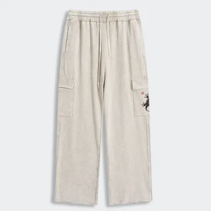 Tokyo-Tiger Minimal Asian Ink Brush Gecko Vibe Washed Utility Sweatpants