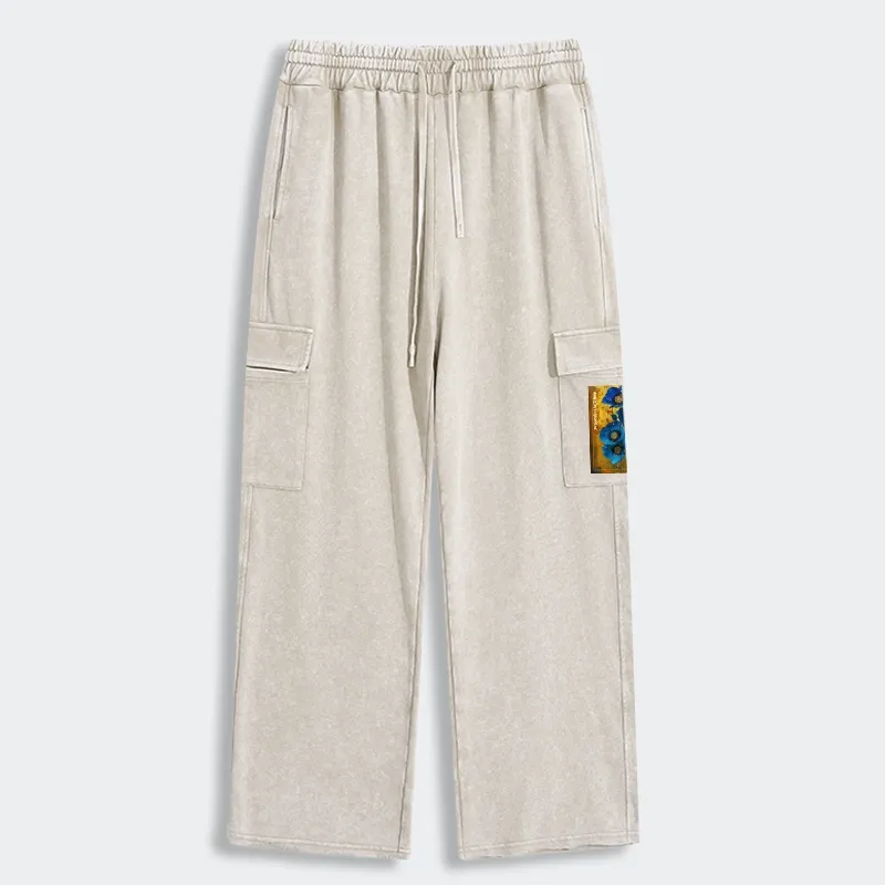 Tokyo-Tiger Shiny Blue Flower Warm Golden Background Washed Utility Sweatpants