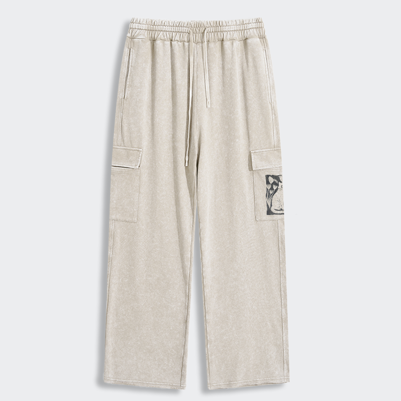 Tokyo-Tiger Folk Paper Cut Cat Bird Floral Art Washed Utility Sweatpants
