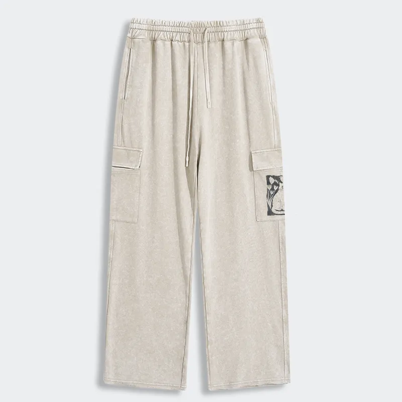 Tokyo-Tiger Folk Paper Cut Cat Bird Floral Art Washed Utility Sweatpants