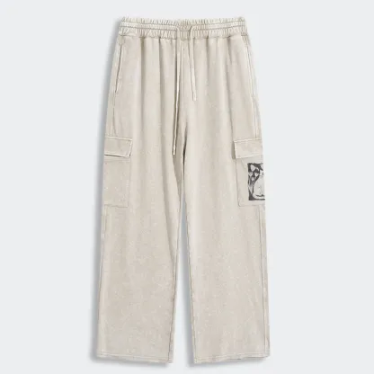 Tokyo-Tiger Folk Paper Cut Cat Bird Floral Art Washed Utility Sweatpants