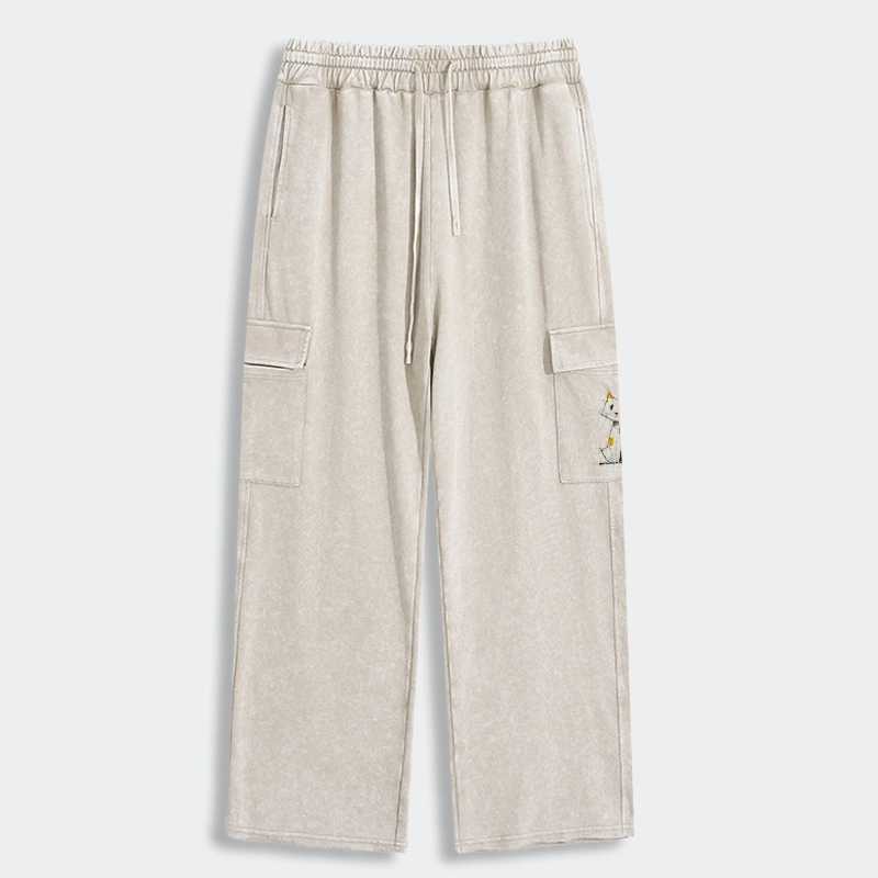 Tokyo-Tiger Minimal Splash Ink Cute Cat Washed Utility Sweatpants