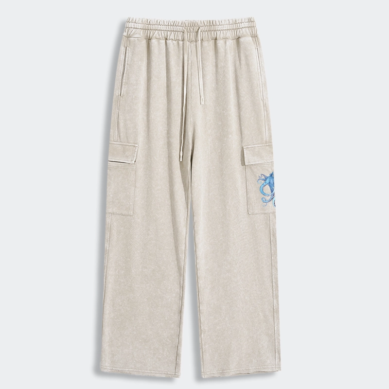 Tokyo-Tiger Watercolor Blue Octopus Washed Utility Sweatpants