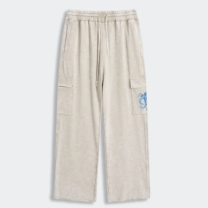 Tokyo-Tiger Watercolor Blue Octopus Washed Utility Sweatpants