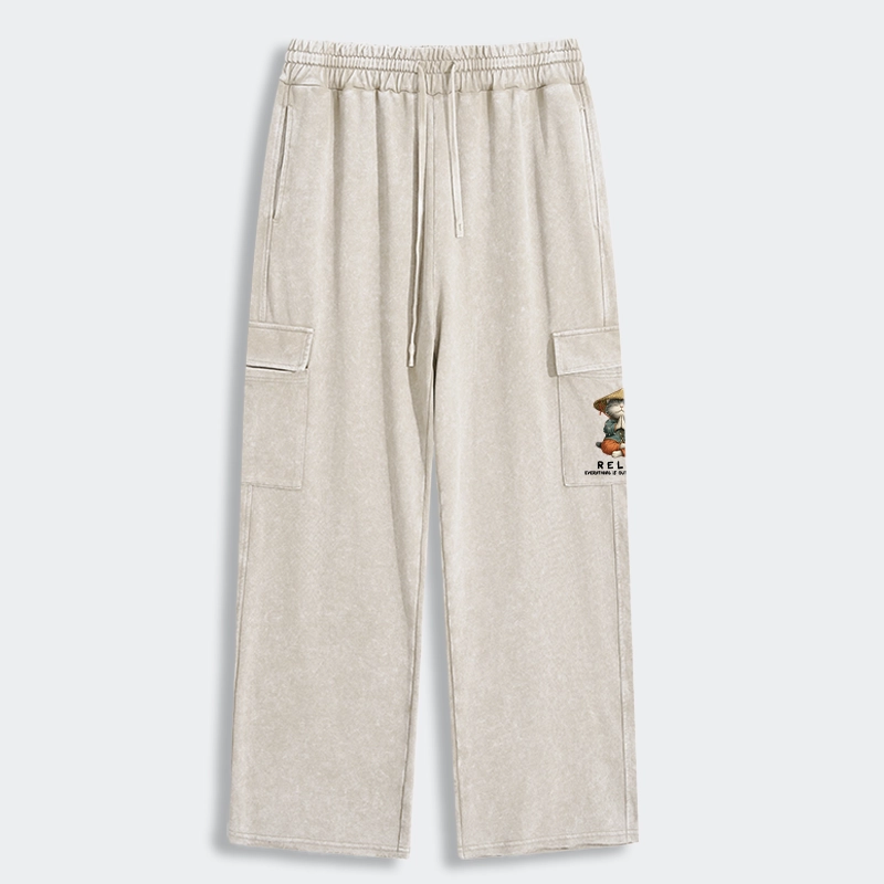 Tokyo-Tiger Zen Relax Cat Graphic Washed Utility Sweatpants
