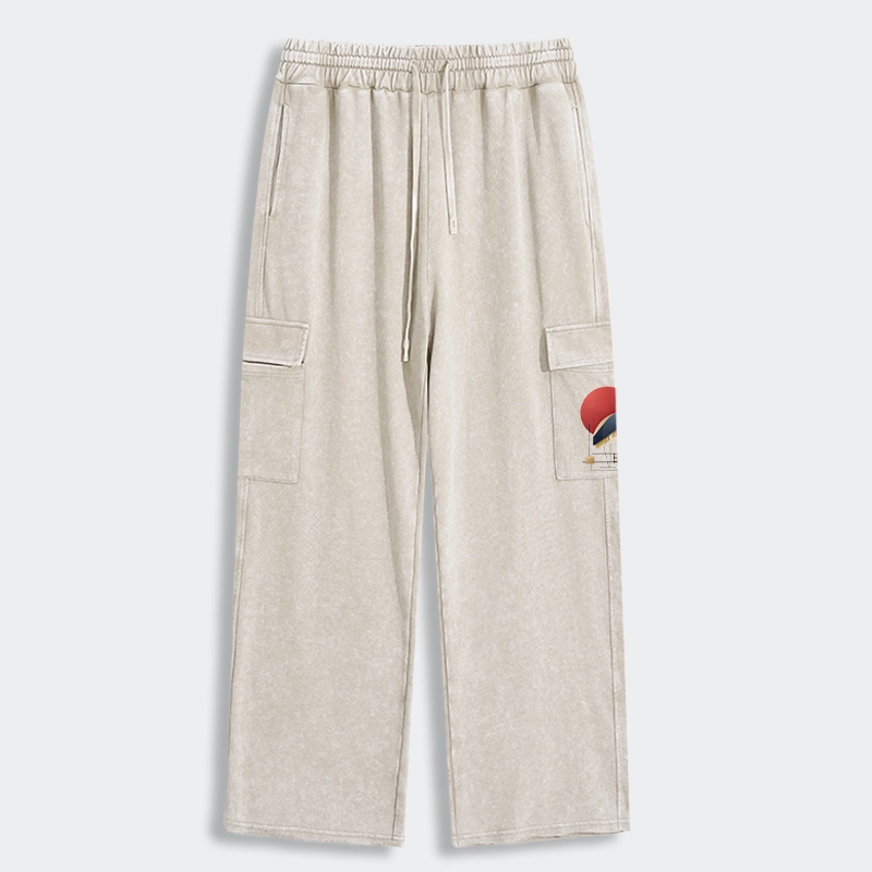 Tokyo-Tiger Geometric Crane Art Washed Utility Sweatpants