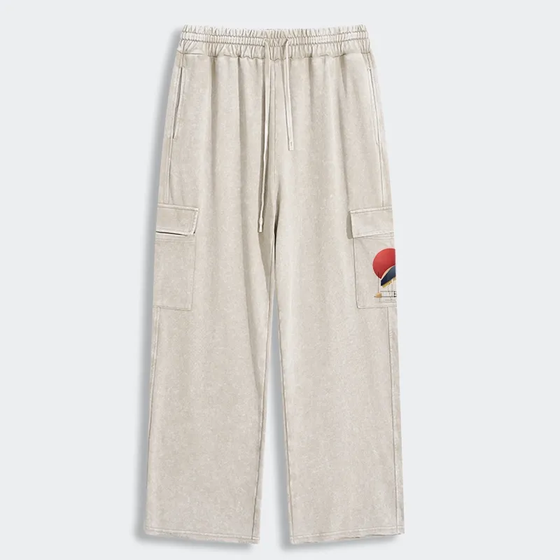 Tokyo-Tiger Geometric Crane Art Washed Utility Sweatpants