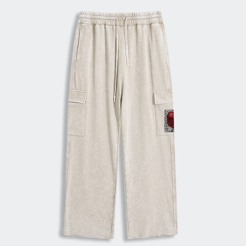 Tokyo-Tiger Retro Woodblock Bird Washed Utility Sweatpants
