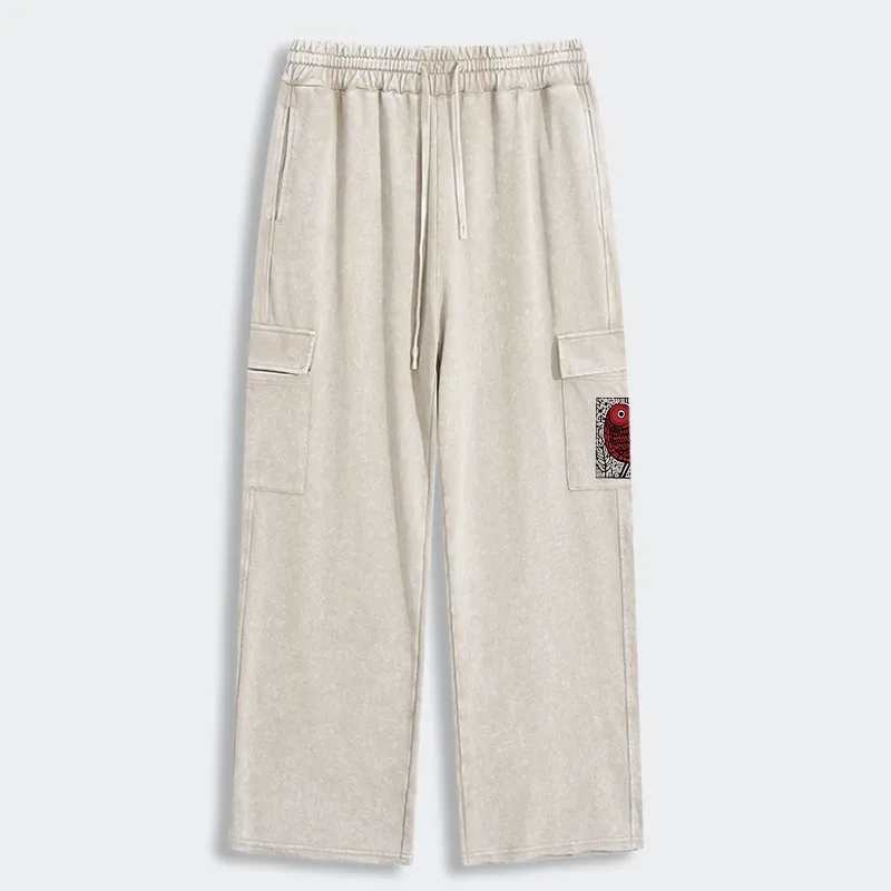 Tokyo-Tiger Retro Woodblock Bird Washed Utility Sweatpants