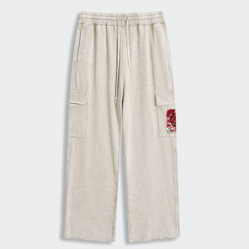 Tokyo-Tiger Cool Oni Floral Art Washed Utility Sweatpants