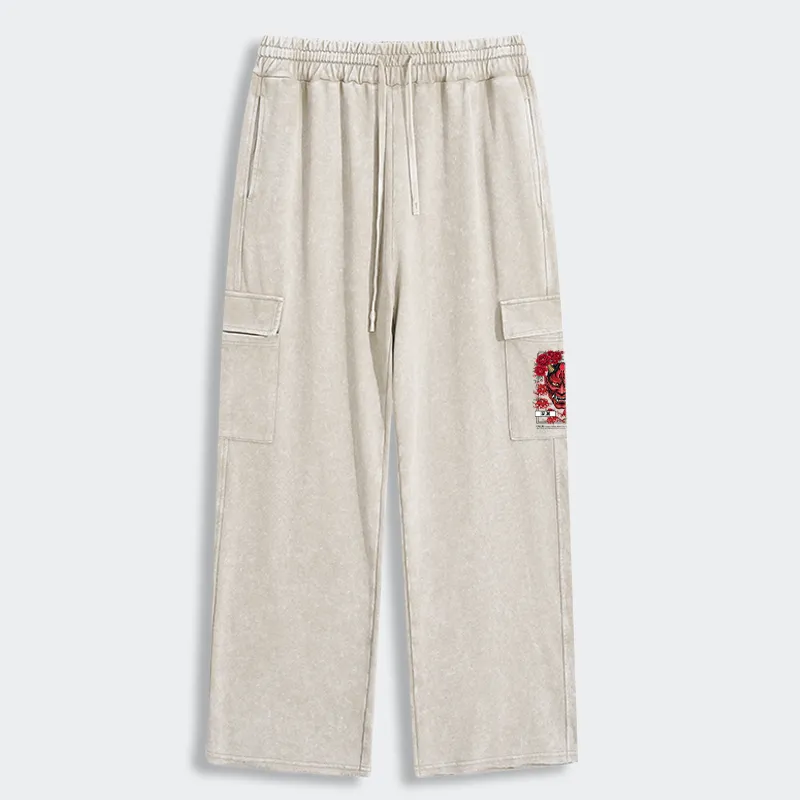 Tokyo-Tiger Cool Oni Floral Art Washed Utility Sweatpants
