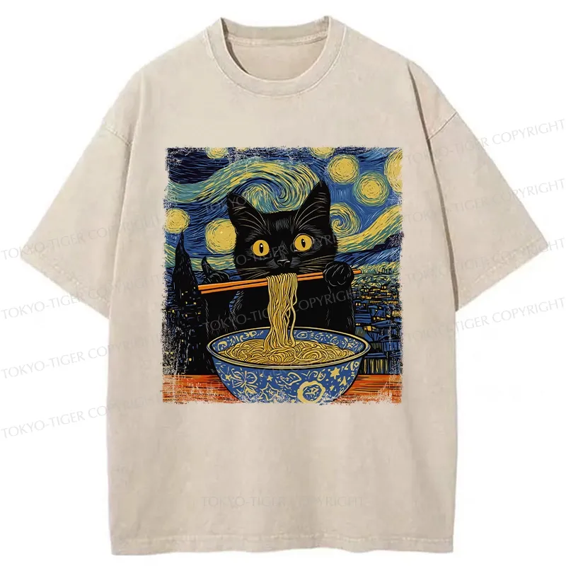 Tokyo-Tiger Cat Ramen Lover Washed T-Shirt Sale