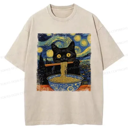 Tokyo-Tiger Cat Ramen Lover Washed T-Shirt