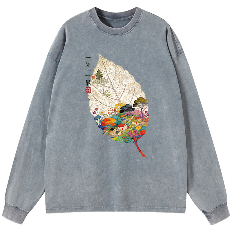 Tokyo-Tiger One Leaf Holds A Tiny Colorful World Washed Long Sleeve T-Shirt