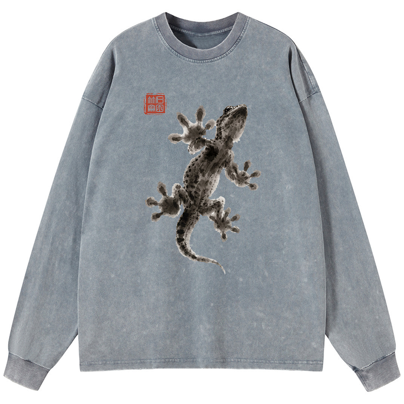 Tokyo-Tiger Minimal Asian Ink Brush Gecko Vibe Washed Long Sleeve T-Shirt