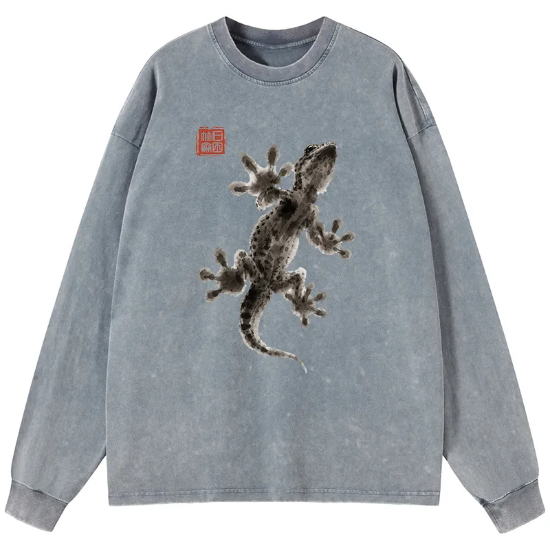 Tokyo-Tiger Minimal Asian Ink Brush Gecko Vibe Washed Long Sleeve T-Shirt
