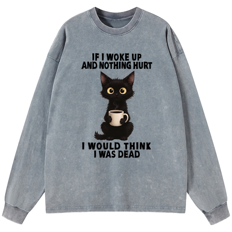 Tokyo-Tiger Funny Cute Black Cat And Coffee Meme Washed Long Sleeve T-Shirt