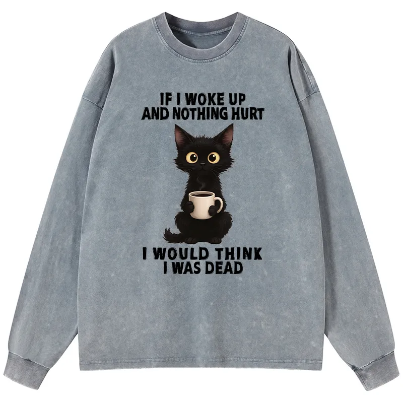 Tokyo-Tiger Funny Cute Black Cat And Coffee Meme Washed Long Sleeve T-Shirt Sale