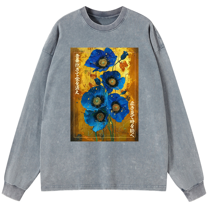 Tokyo-Tiger Shiny Blue Flower Warm Golden Background Washed Long Sleeve T-Shirt