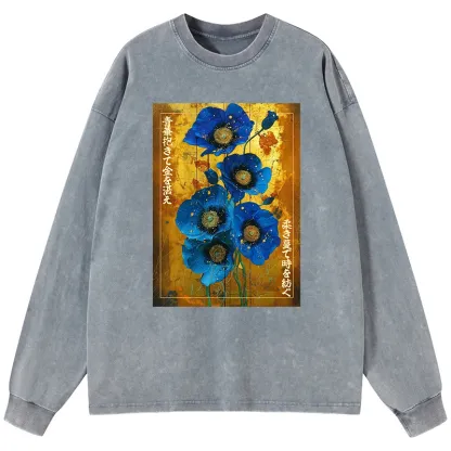 Tokyo-Tiger Shiny Blue Flower Warm Golden Background Washed Long Sleeve T-Shirt