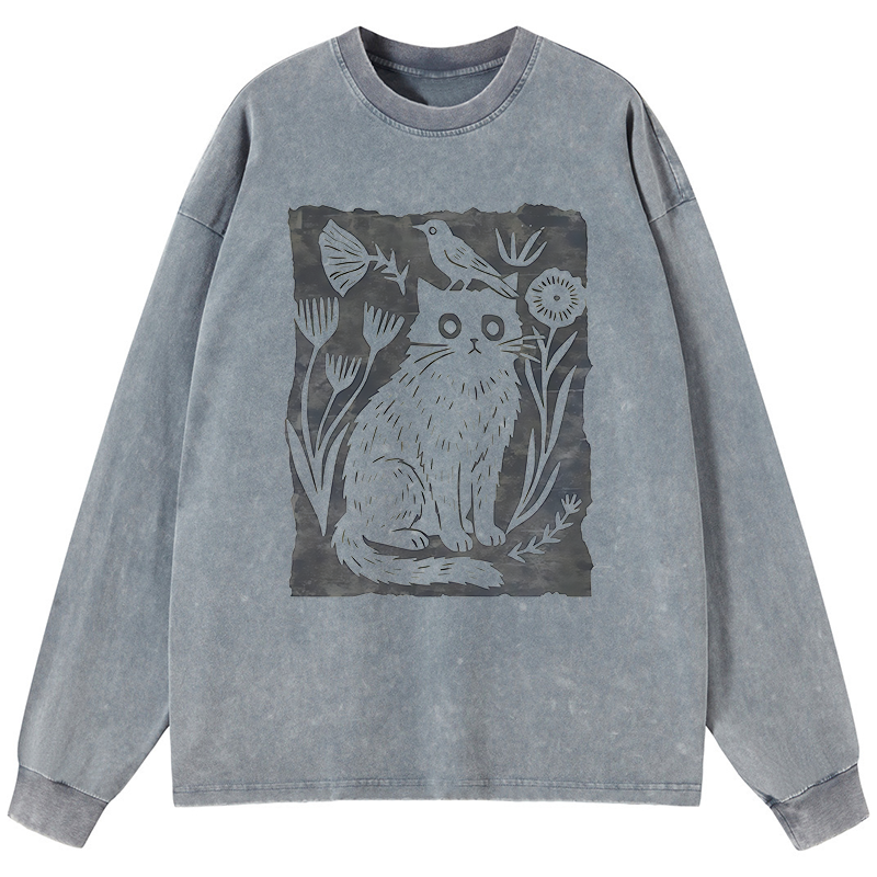 Tokyo-Tiger Folk Paper Cut Cat Bird Floral Art Washed Long Sleeve T-Shirt