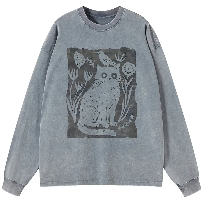 Tokyo-Tiger Folk Paper Cut Cat Bird Floral Art Washed Long Sleeve T-Shirt Sale