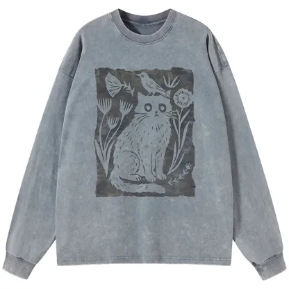 Tokyo-Tiger Folk Paper Cut Cat Bird Floral Art Washed Long Sleeve T-Shirt