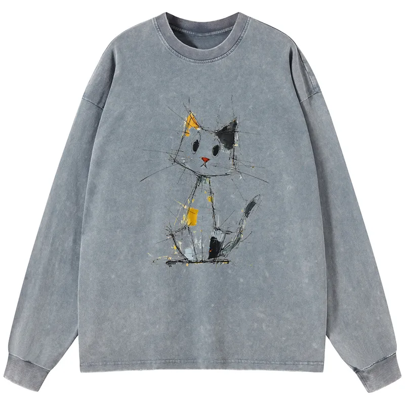 Tokyo-Tiger Minimal Splash Ink Cute Cat Washed Long Sleeve T-Shirt Sale