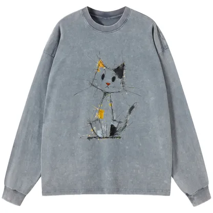 Tokyo-Tiger Minimal Splash Ink Cute Cat Washed Long Sleeve T-Shirt