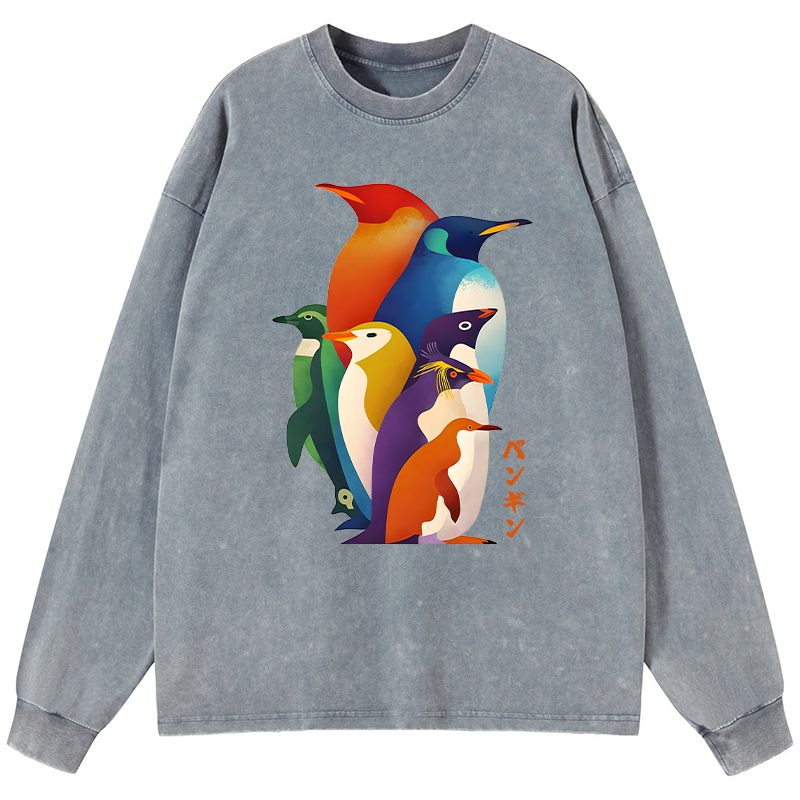 Tokyo-Tiger Cute Multi Tone Penguins Washed Long Sleeve T-Shirt