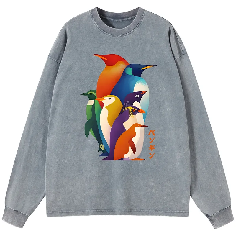 Tokyo-Tiger Cute Multi Tone Penguins Washed Long Sleeve T-Shirt Sale