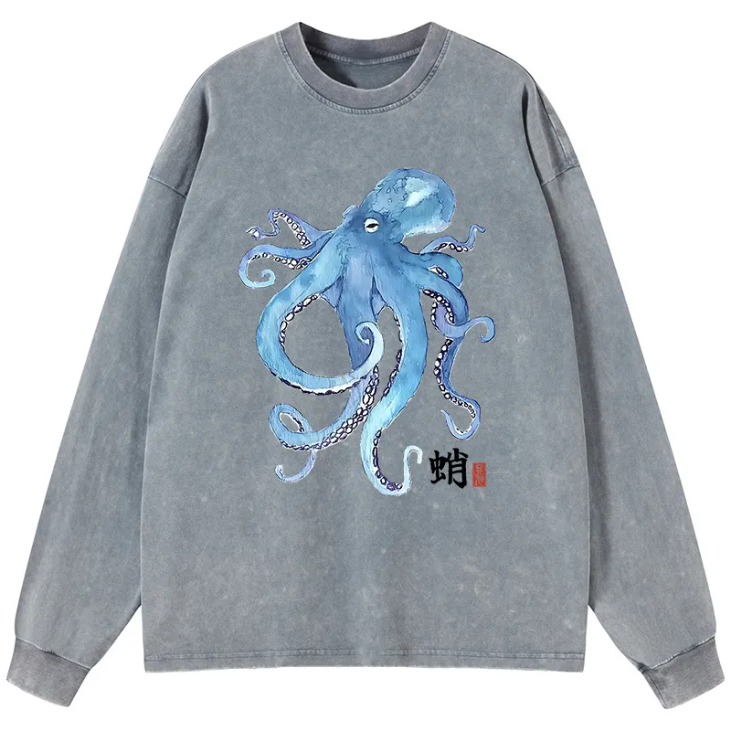 Tokyo-Tiger Watercolor Blue Octopus Washed Long Sleeve T-Shirt