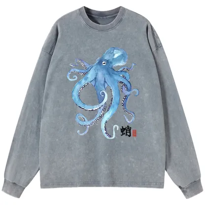 Tokyo-Tiger Watercolor Blue Octopus Washed Long Sleeve T-Shirt