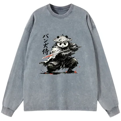 Tokyo-Tiger Panda Samurai Warrior Washed Long Sleeve T-Shirt
