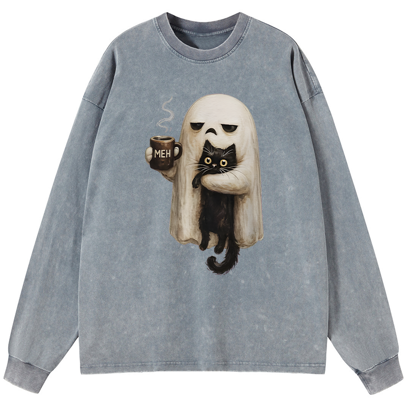 Tokyo-Tiger Ghost Cat Coffee Mood Washed Long Sleeve T-Shirt