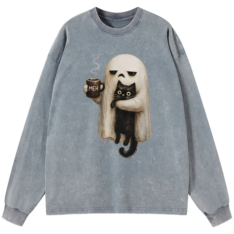 Tokyo-Tiger Ghost Cat Coffee Mood Washed Long Sleeve T-Shirt