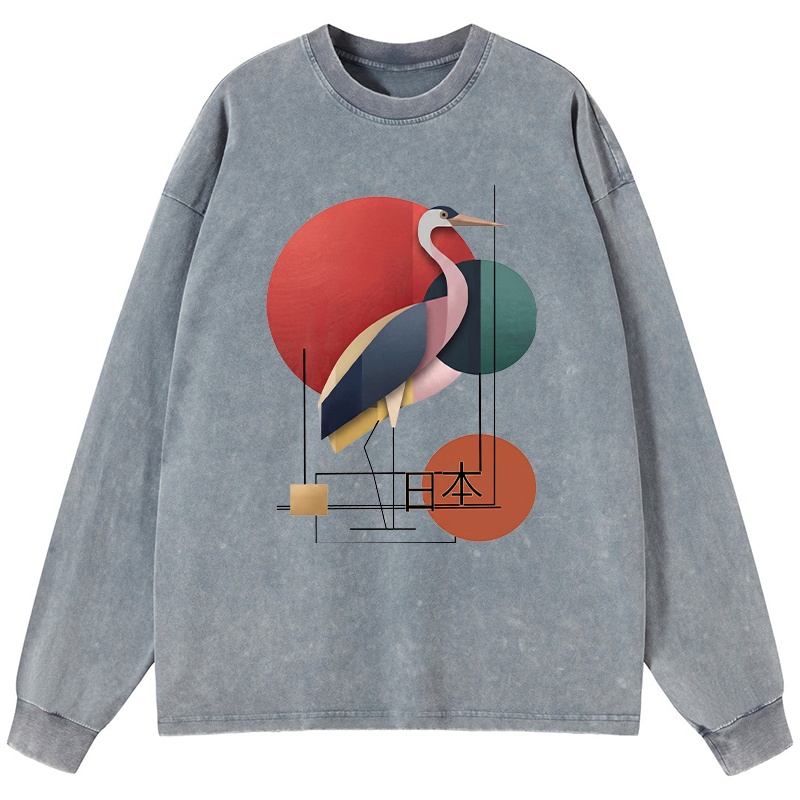 Tokyo-Tiger Geometric Crane Art Washed Long Sleeve T-Shirt