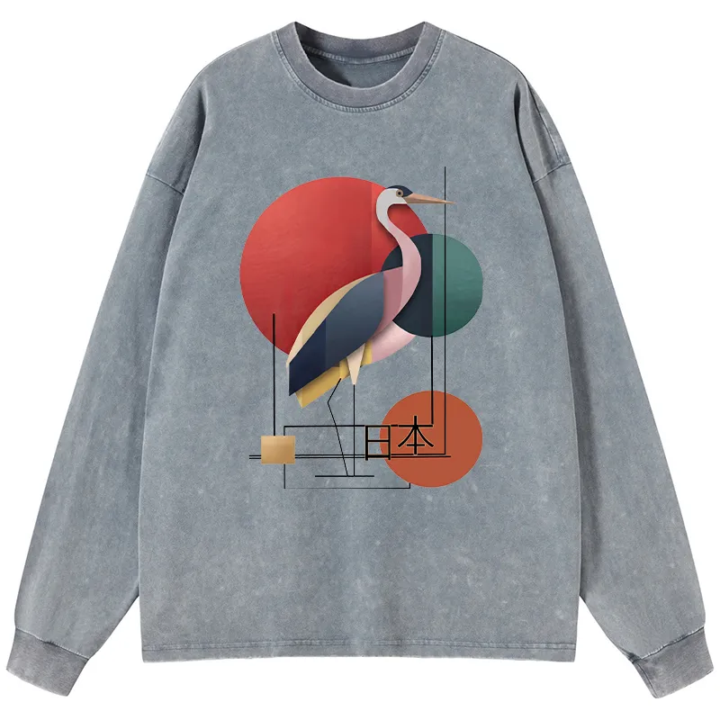 Tokyo-Tiger Geometric Crane Art Washed Long Sleeve T-Shirt Sale