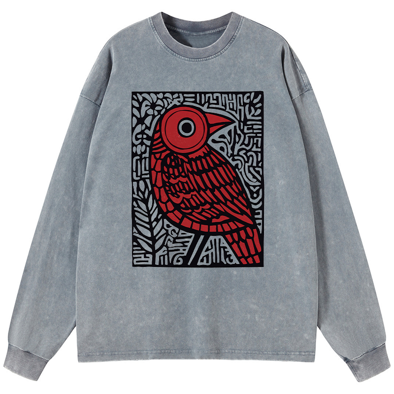 Tokyo-Tiger Retro Woodblock Bird Washed Long Sleeve T-Shirt
