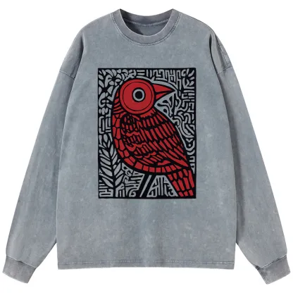 Tokyo-Tiger Retro Woodblock Bird Washed Long Sleeve T-Shirt