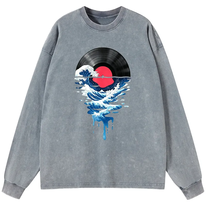 Tokyo-Tiger Vinyl Records And Waves Washed Long Sleeve T-Shirt Sale