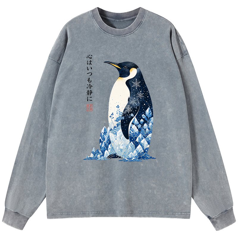 Tokyo-Tiger Keep Calm Penguin Washed Long Sleeve T-Shirt