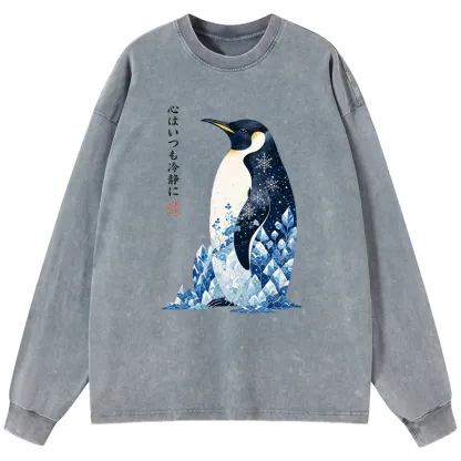 Tokyo-Tiger Keep Calm Penguin Washed Long Sleeve T-Shirt