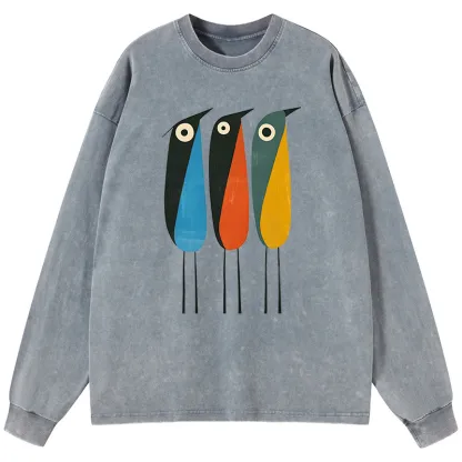 Tokyo-Tiger Bold Shape Birds Washed Long Sleeve T-Shirt