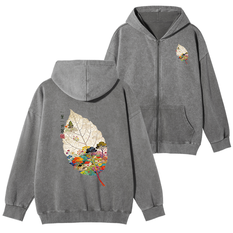 Tokyo-Tiger One Leaf Holds A Tiny Colorful World Washed Zip Hoodie