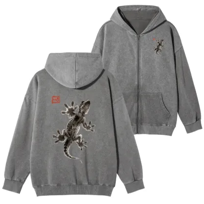 Tokyo-Tiger Minimal Asian Ink Brush Gecko Vibe Washed Zip Hoodie