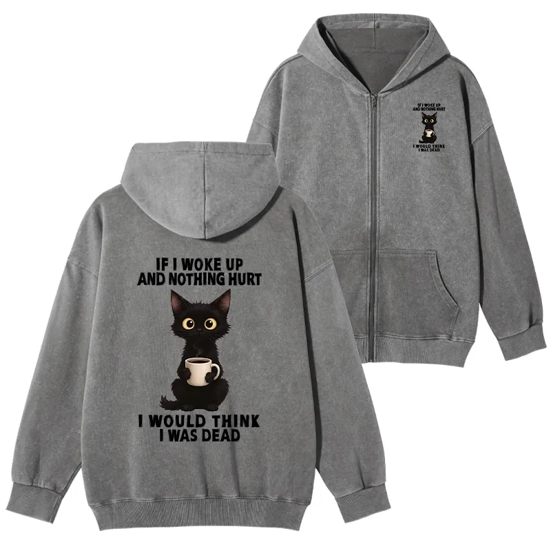 Tokyo-Tiger Funny Cute Black Cat And Coffee Meme Washed Zip Hoodie