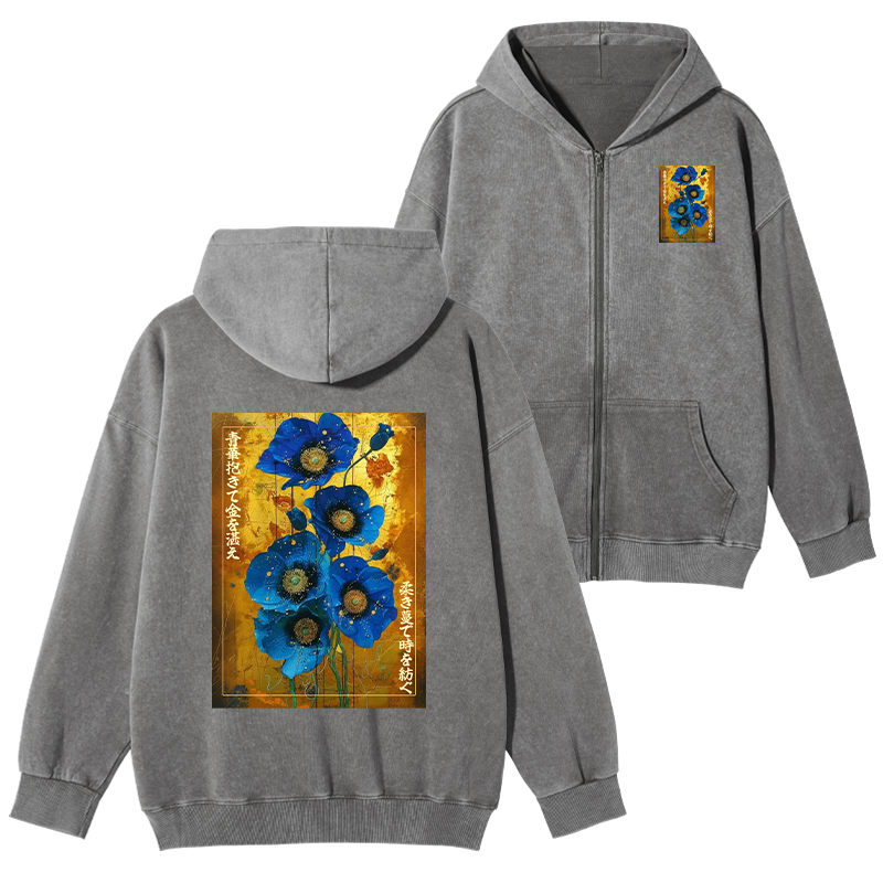 Tokyo-Tiger Shiny Blue Flower Warm Golden Background Washed Zip Hoodie