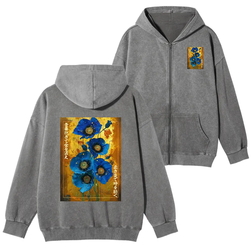 Tokyo-Tiger Shiny Blue Flower Warm Golden Background Washed Zip Hoodie