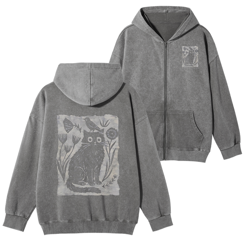 Tokyo-Tiger Folk Paper Cut Cat Bird Floral Art Washed Zip Hoodie